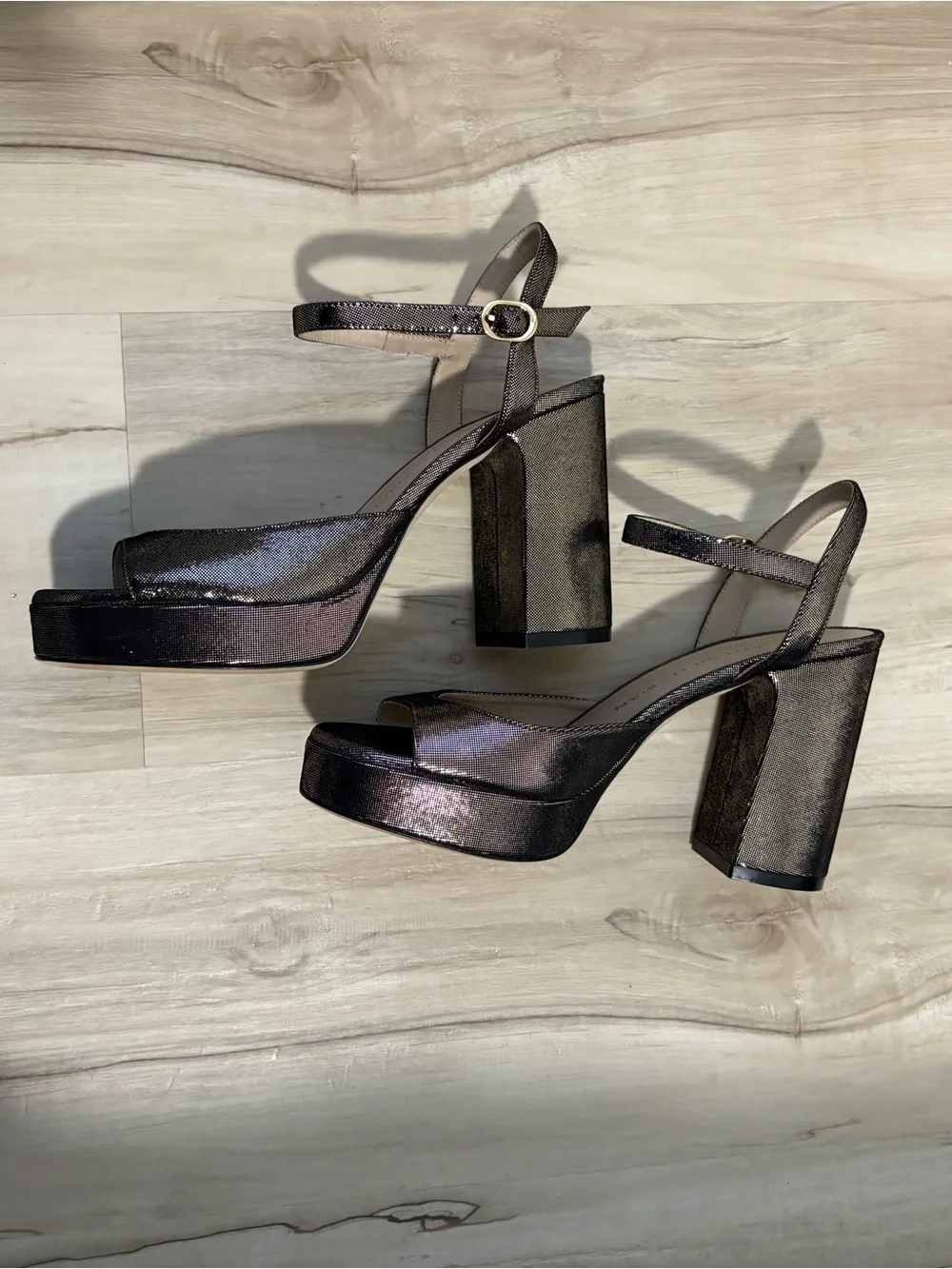 Stuart Weitzman Metallic Pewter Platform Sandal with Ankle Strap